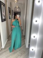 VESTIDO LONGO VERDE COM FIVELA DOURADA PONTO CHIC