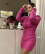 VESTIDO LANTEJOULAS ROSA COM GOLA PONTO CHIC