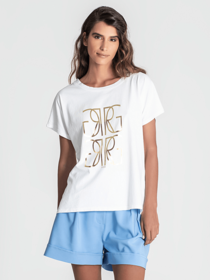 T-SHIRT BRANCA ESTAMPADO DOURADO RUGA