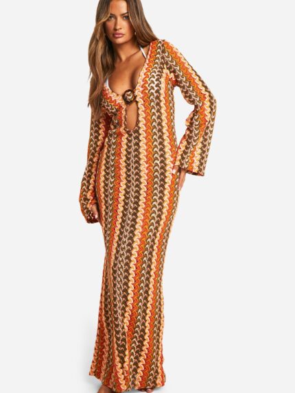 VESTIDO MAXI DE CROCHÊ LARANJA LISTRADA PONTO CHIC