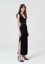 VESTIDO CANELADO PRETO COM FOLHOS FRACOMINA - Image 6