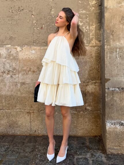 VESTIDO CURTO BEGE COM FOLHOS ELEH