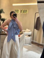 BLUSA ACETINADO AZUL COM GOLA HALTER ELEH