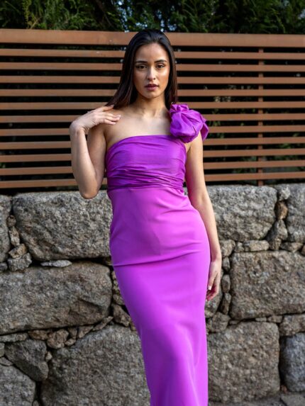 VESTIDO MIDI ORQUÍDEA ASSIMÉTRICO PONTO CHIC