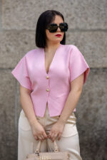 CARDIGAN ROSA DE MALHA MANGA CURTA PONTO CHIC