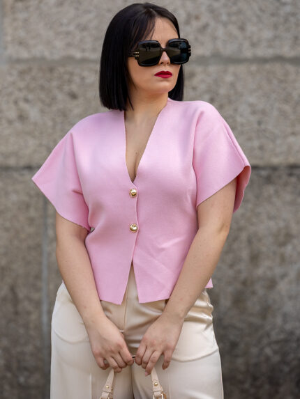 CARDIGAN ROSA DE MALHA MANGA CURTA PONTO CHIC