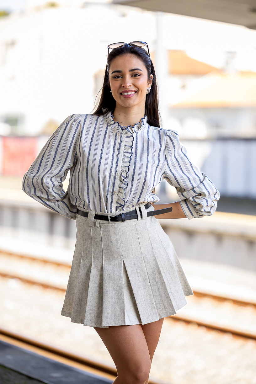 pc – BR-261 CAMISA ESTAMPA LISTRADA AZUL COM FOLHOS PONTO CHIC - Image 1