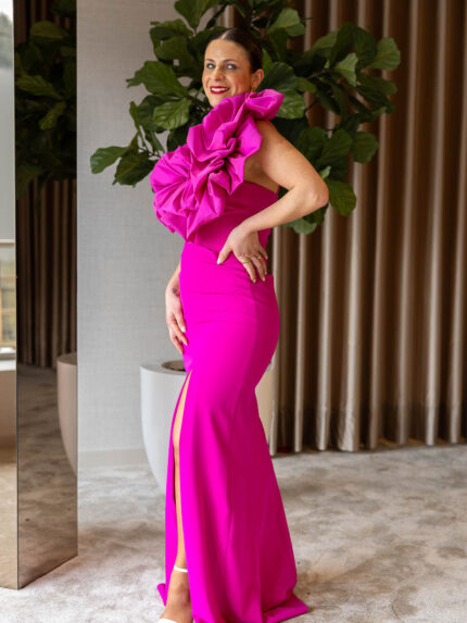 VESTIDO COMPRIDO COM FOLHO ROSA PONTO CHIC