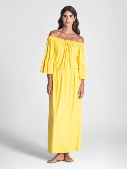 VESTIDO AMARELO SEM OMBROS RUGA