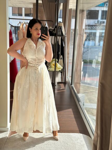 VESTIDO CAMISEIRO TECIDO BORDADO BRANCO PONTO CHIC