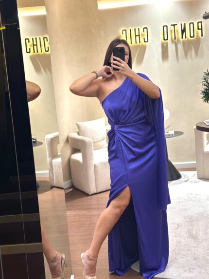 VESTIDO COMPRIDO ROXO MANGA UNILATERAL PONTO CHIC