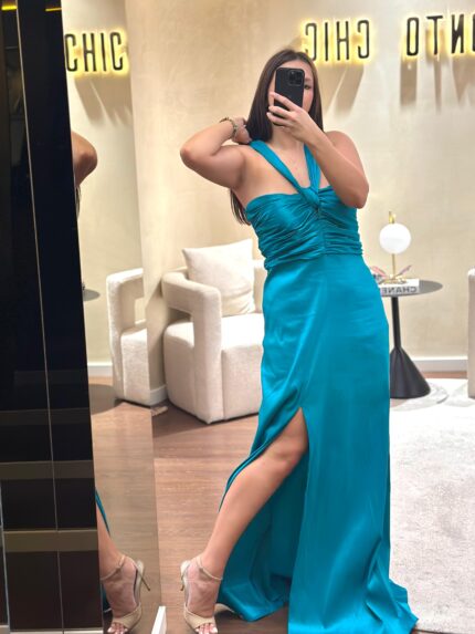 VESTIDO TURQUESA PEITO FRANZIDO PONTO CHIC