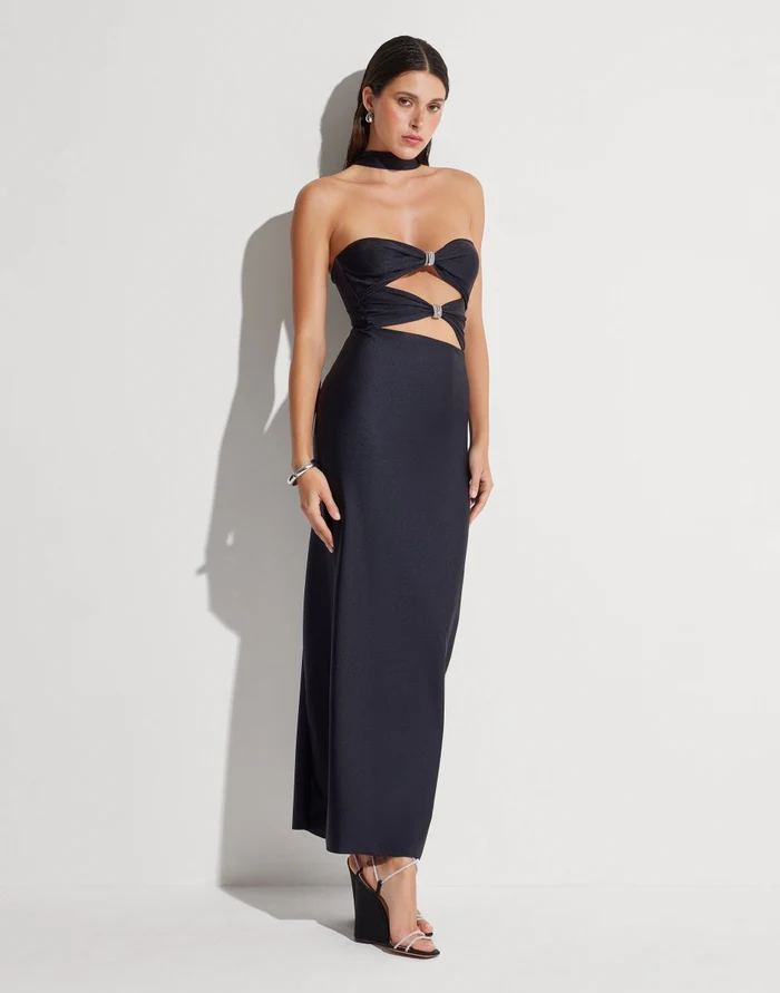 de2 VESTIDO COMPRIDO PRETO ABERTURAS PEITO MVP - Image 1