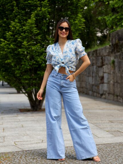 JEANS WIDE LEG CINTURA SUBIDA PONTO CHIC
