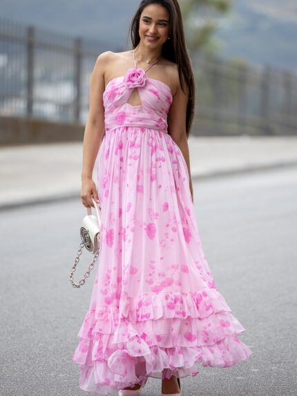 VESTIDO COM ESTAMPA LEVE ROSA PONTO CHIC