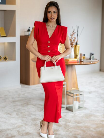 VESTIDO VERMELHO DECOTE V DOIS BOTÕES PONTO CHIC