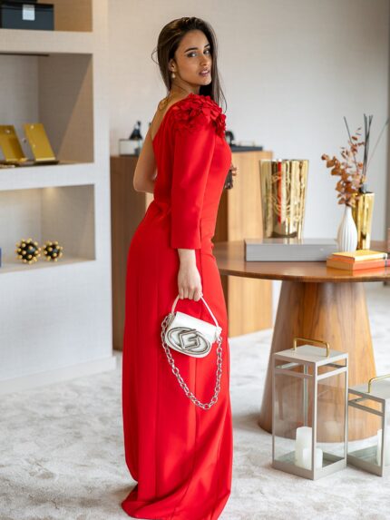 VESTIDO COMPRIDO VERMELHO COM APLICAÇÃO PONTO CHIC