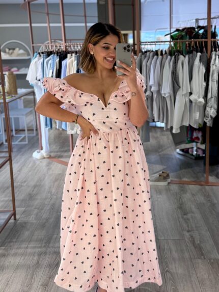 VESTIDO COMPRIDO ESTAMPADO CORAÇÕES PONTO CHIC