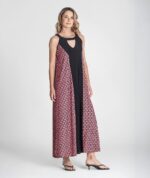 VESTIDO ESTAMPADO COM CENTRO LISO RUGA