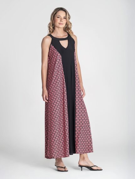 VESTIDO ESTAMPADO COM CENTRO LISO RUGA