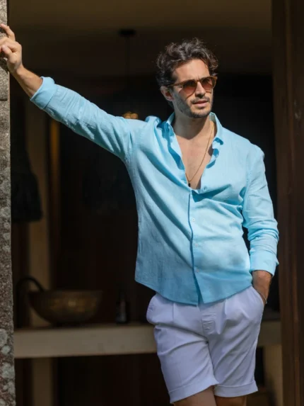 CAMISA DE LINHO GOLA ITALIANA AZUL TURQUESA ZOLF