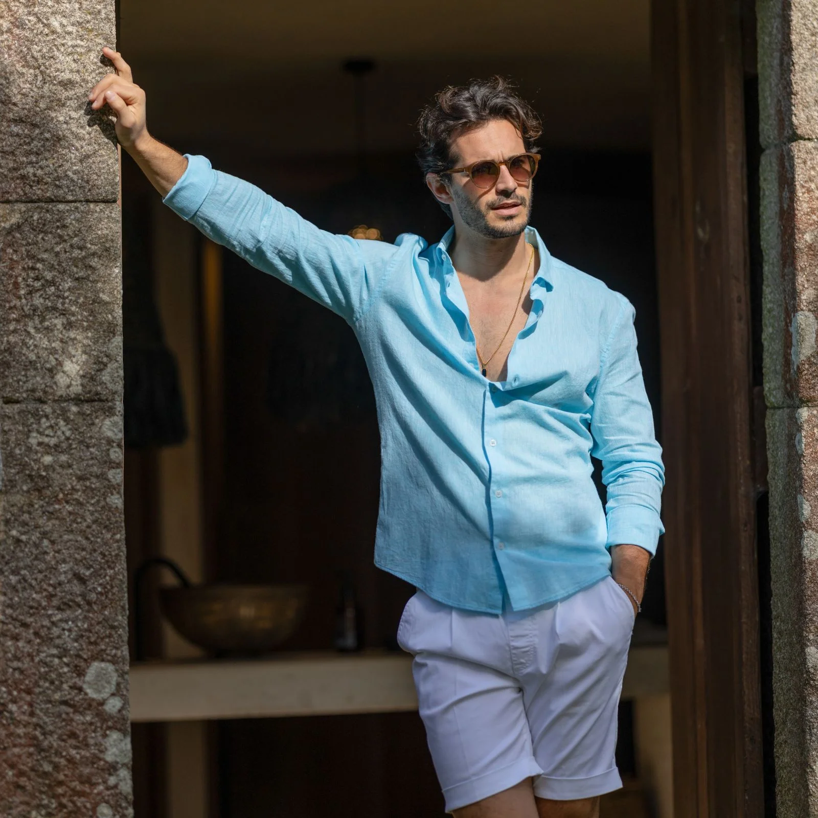 241906000-7 CAMISA DE LINHO GOLA ITALIANA AZUL TURQUESA ZOLF - Image 1