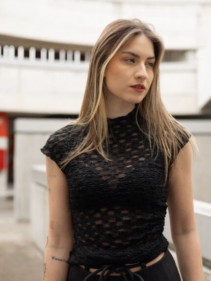 CAMISOLA PRETO TECIDO TRANSPARÊNCIA PONTO CHIC