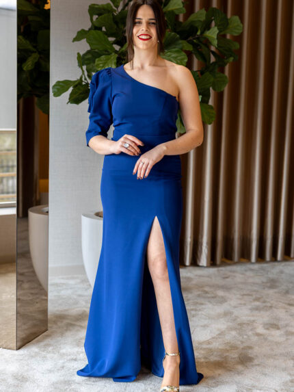 VESTIDO COMPRIDO AZUL COM RACHA PONTO CHIC