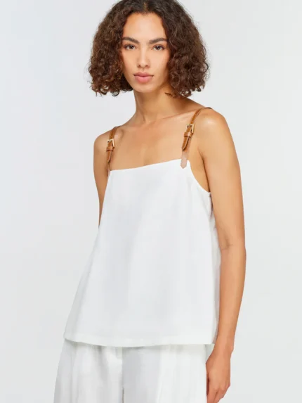 TOP BRANCO COM ALÇA CASTANHA COURO SEMICOUTURE