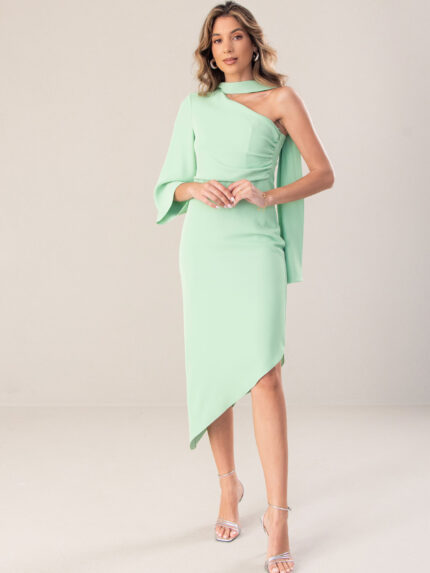 VESTIDO ASSIMÉTRICO COM LAÇADA VERDE FERRACHE
