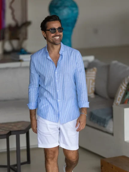 CAMISA DE LINHO RISCA INTERMÉDIA AZUL ZOLF