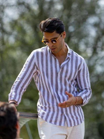 CAMISA DE LINHO RISCA LARGA TAUPE ZOLF
