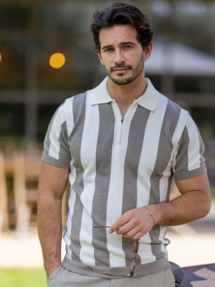 POLO TRICOT COM RISCA E FECHO TAUPE ZOLF