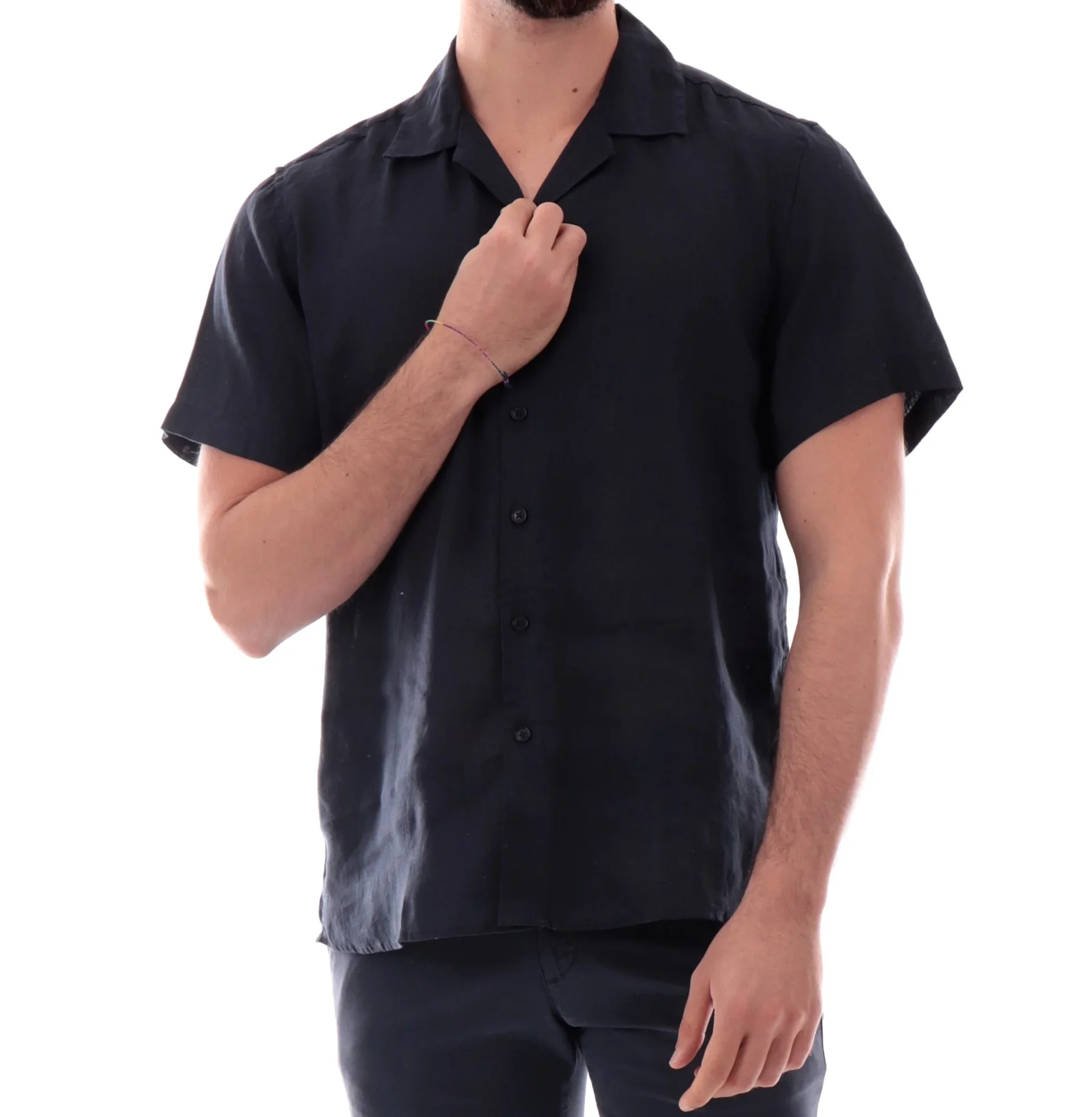 GL7658SS25DP_BLU_1 CAMISA DE LINHO PRETA GIANNI LUPO - Image 1