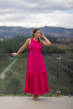 VESTIDO COMPRIDO FUCHSIA COM FOLHO PONTO CHIC