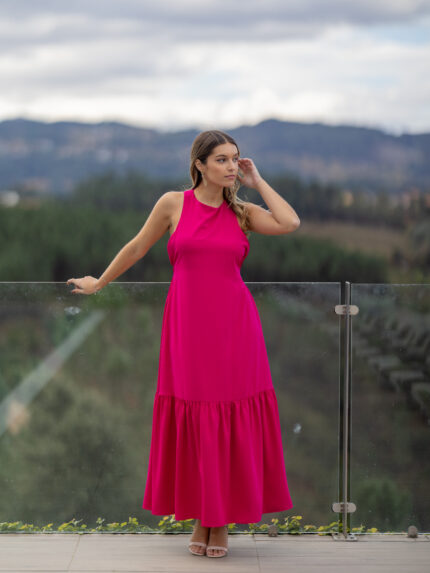 VESTIDO COMPRIDO FUCHSIA COM FOLHO PONTO CHIC
