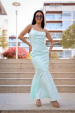 VESTIDO VERDE ÁGUA COM FOLHO PONTO CHIC