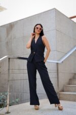 CONJUNTO PRETO PANTALONA E COLETE PONTO CHIC