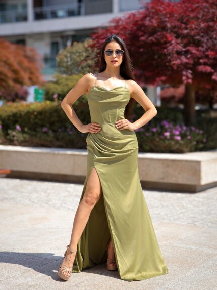 VESTIDO COMPRIDO VERDE AZEITONA PONTO CHIC