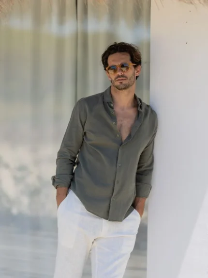 CAMISA DE LINHO GOLA ITALIANA VERDE ESCURO ZOLF