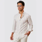 CAMISA DE LINHO RISCA LARGA BEGE ZOLF