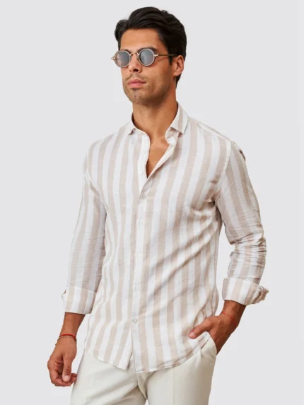CAMISA DE LINHO RISCA LARGA BEGE ZOLF