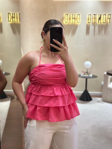 TOP ROSA FUCSHIA COM FOLHOS PONTO CHIC