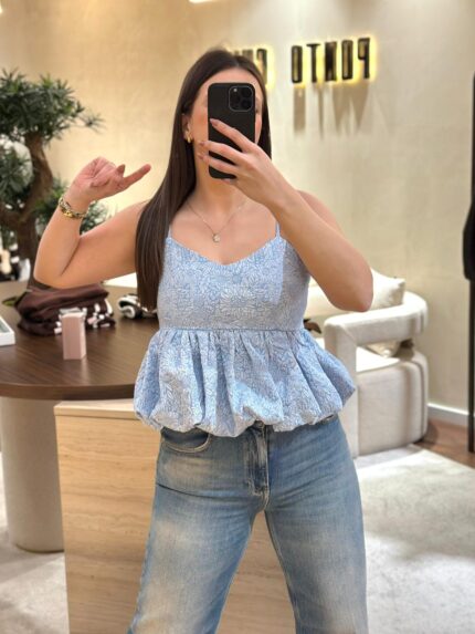 TOP AZUL TECIDO JACQUARD PONTO CHIC