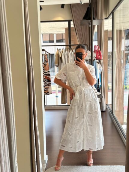 VESTIDO CAMISEIRO BRANCO TECIDO BORDADO PONTO CHIC