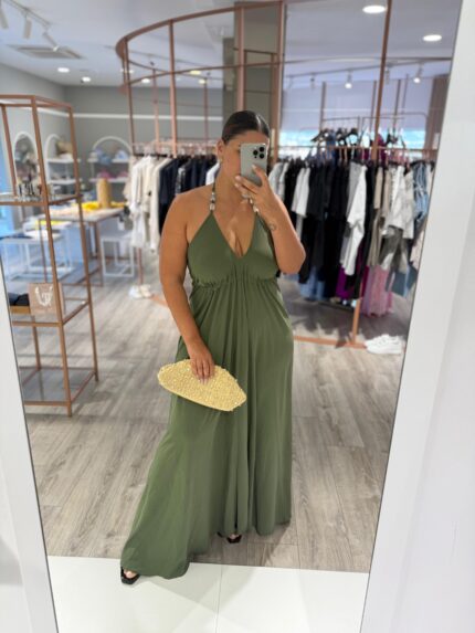 VESTIDO COMPRIDO FLUÍDO KAKI PONTO CHIC