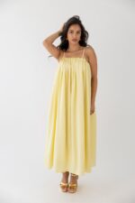 VESTIDO AMARELO COM PREGAS NO DECOTE PONTO CHIC