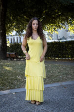 VESTIDO COMPRIDO AMARELO COM FOLHOS PONTO CHIC