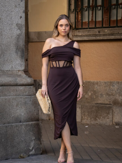 VESTIDO CASTANHO SAIA DRAPEADA PONTO CHIC