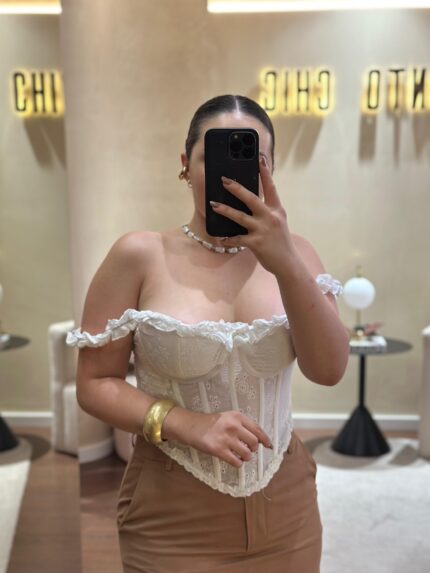 CORSET BRANCO BORDADO INGLês PONTO CHIC